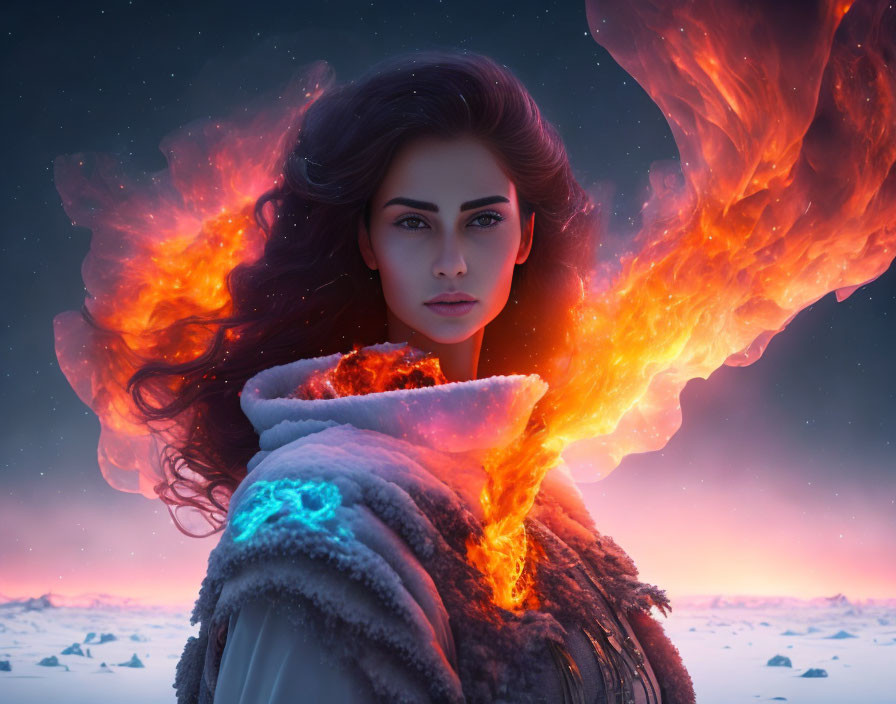 Fiery-winged woman in snowy dusk landscape with glowing object