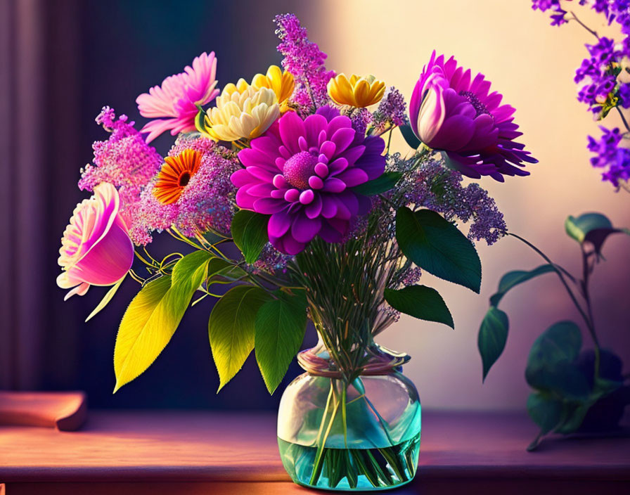 Assorted Flowers Bouquet in Clear Vase by Window