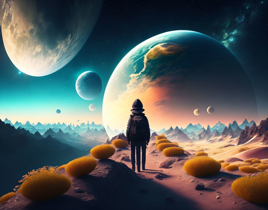 Person on alien landscape with colorful flora and large celestial bodies in the sky