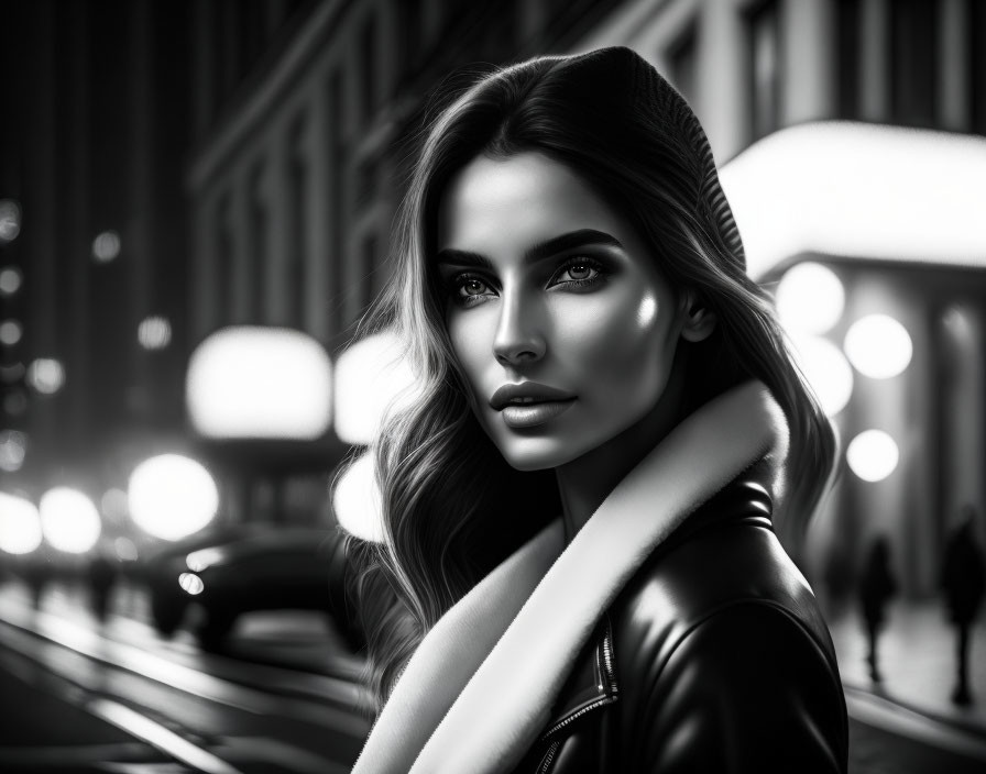 Monochrome portrait of a woman with striking features in urban night scene