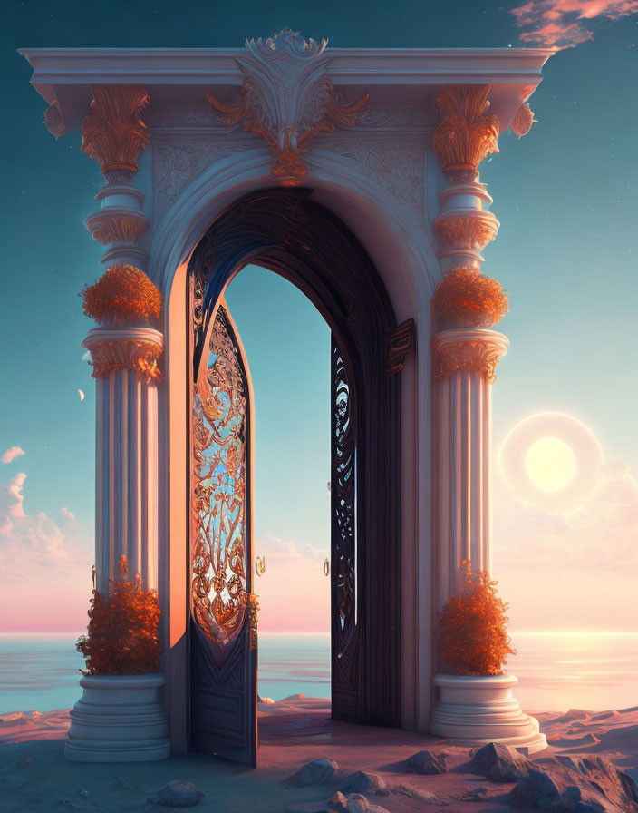 Ornate open door on sandy surface with decorative columns under serene pink and blue sky.