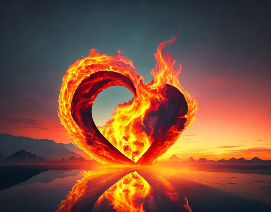 Fiery Heart Shape Ablaze Sunset Reflection Water Starry Sky