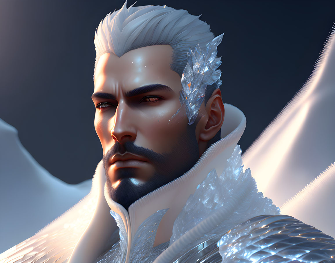 Male character with white hair and crystalline structures, fantasy-themed digital art.