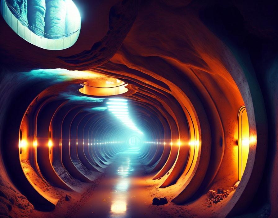 Futuristic underground tunnel with blue and orange lights