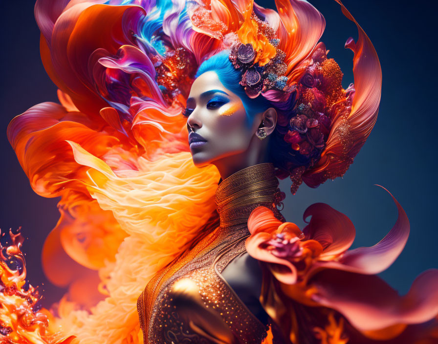 Blue-skinned woman with floral headpiece in fiery fabric setting