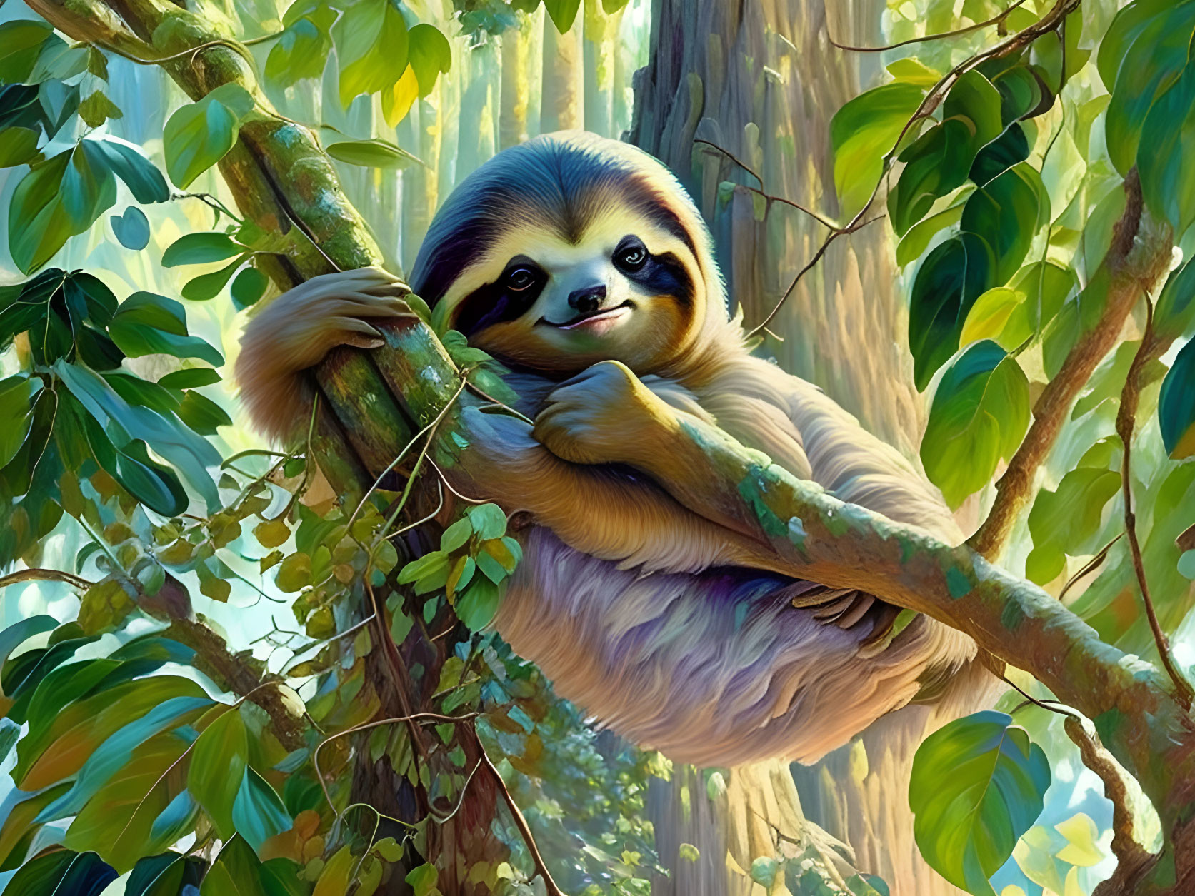 Smiling sloth relaxing on lush tree branch