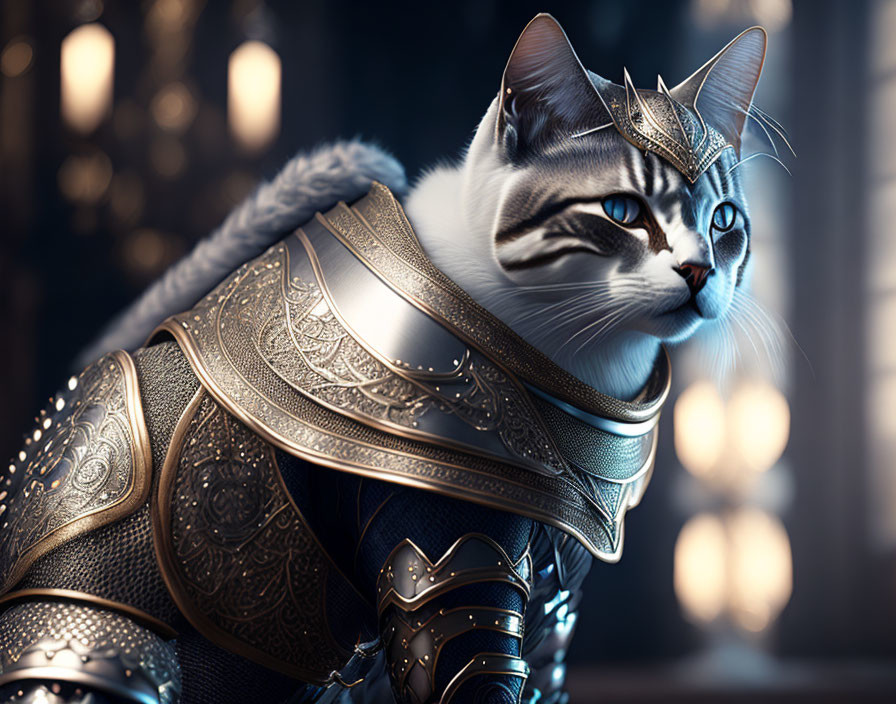 Digital Artwork: Cat in Medieval Armor with Regal Helmet