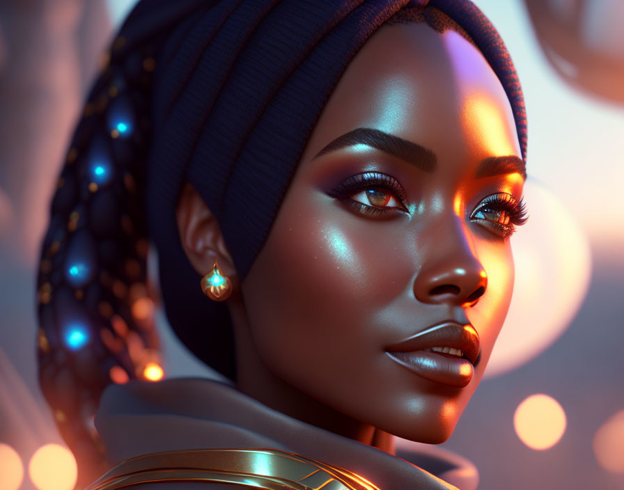 Detailed 3D illustration of woman with glowing skin in headscarf and earring