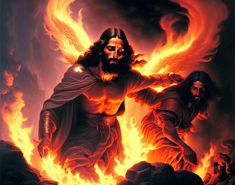 Religious figures in fiery landscape with intense flames