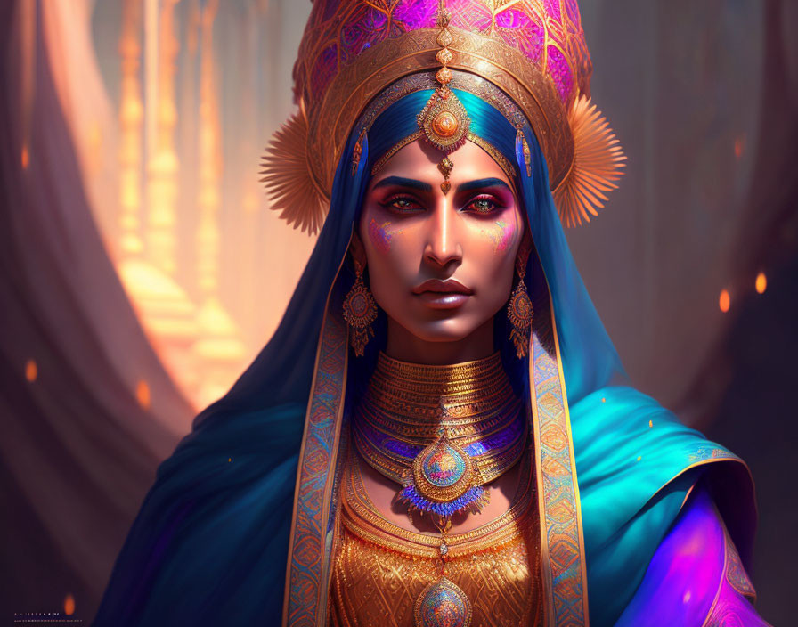Regal figure adorned in gold jewelry and blue garment with intricate headdress.