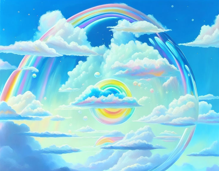 Whimsical sky with fluffy clouds, bubbles, and rainbows