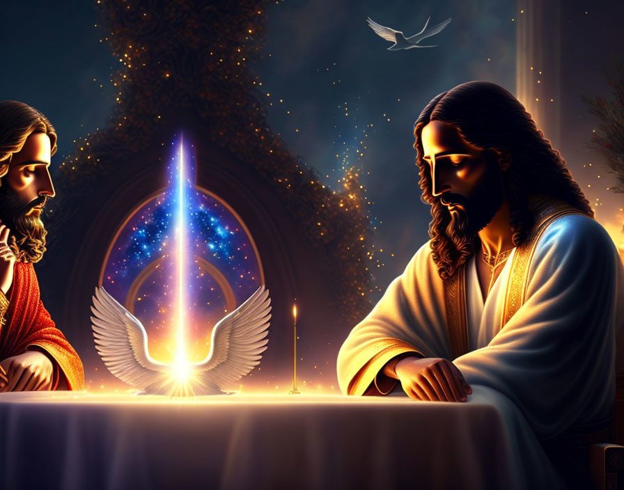 Illustrated figures resembling Jesus at table with glowing cross and cosmic backdrop