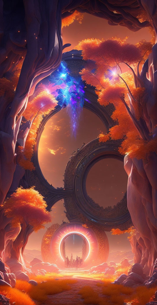 Fantasy landscape with glowing gateway and autumn trees