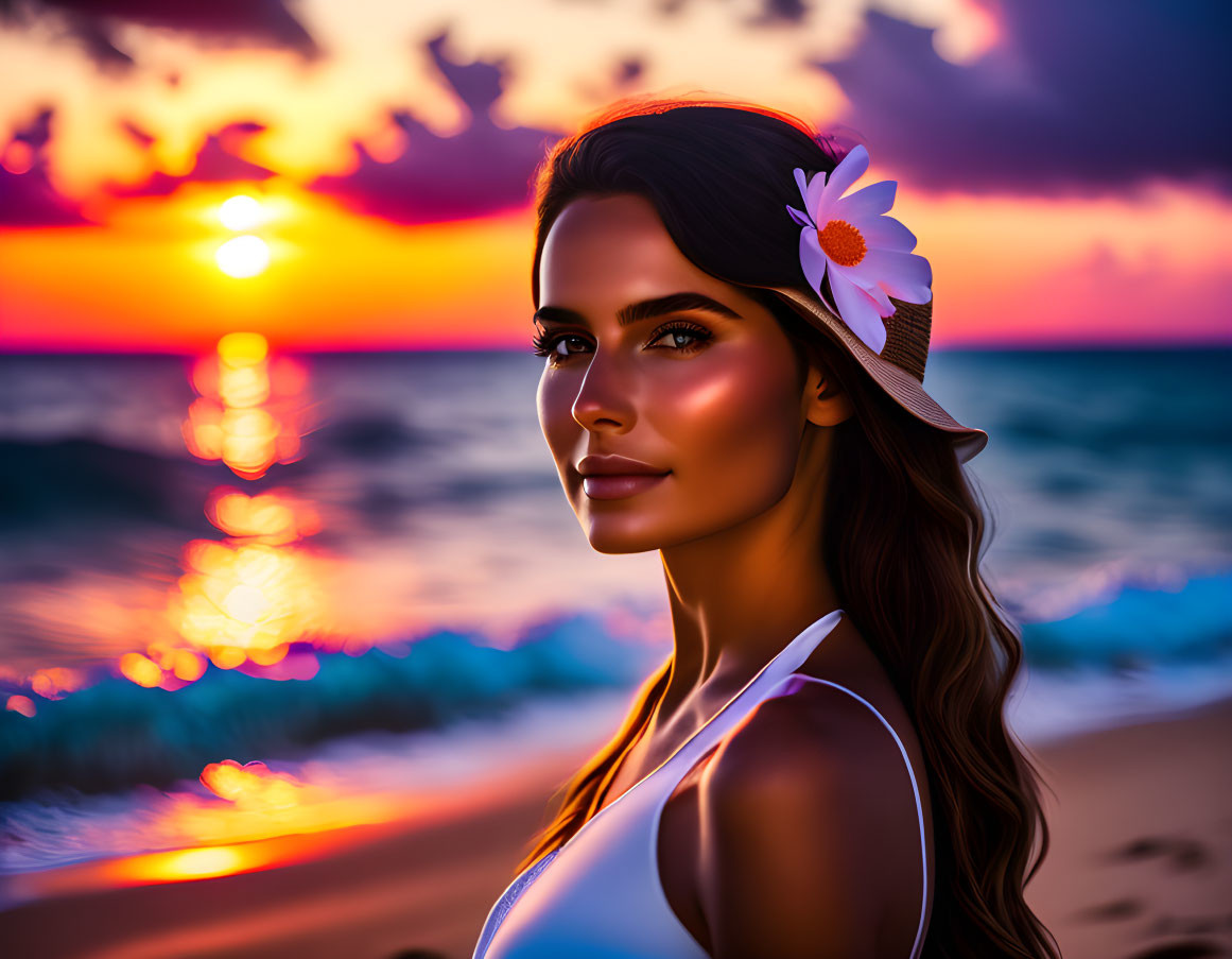 Woman with flower in hair gazes at camera during ocean sunset.