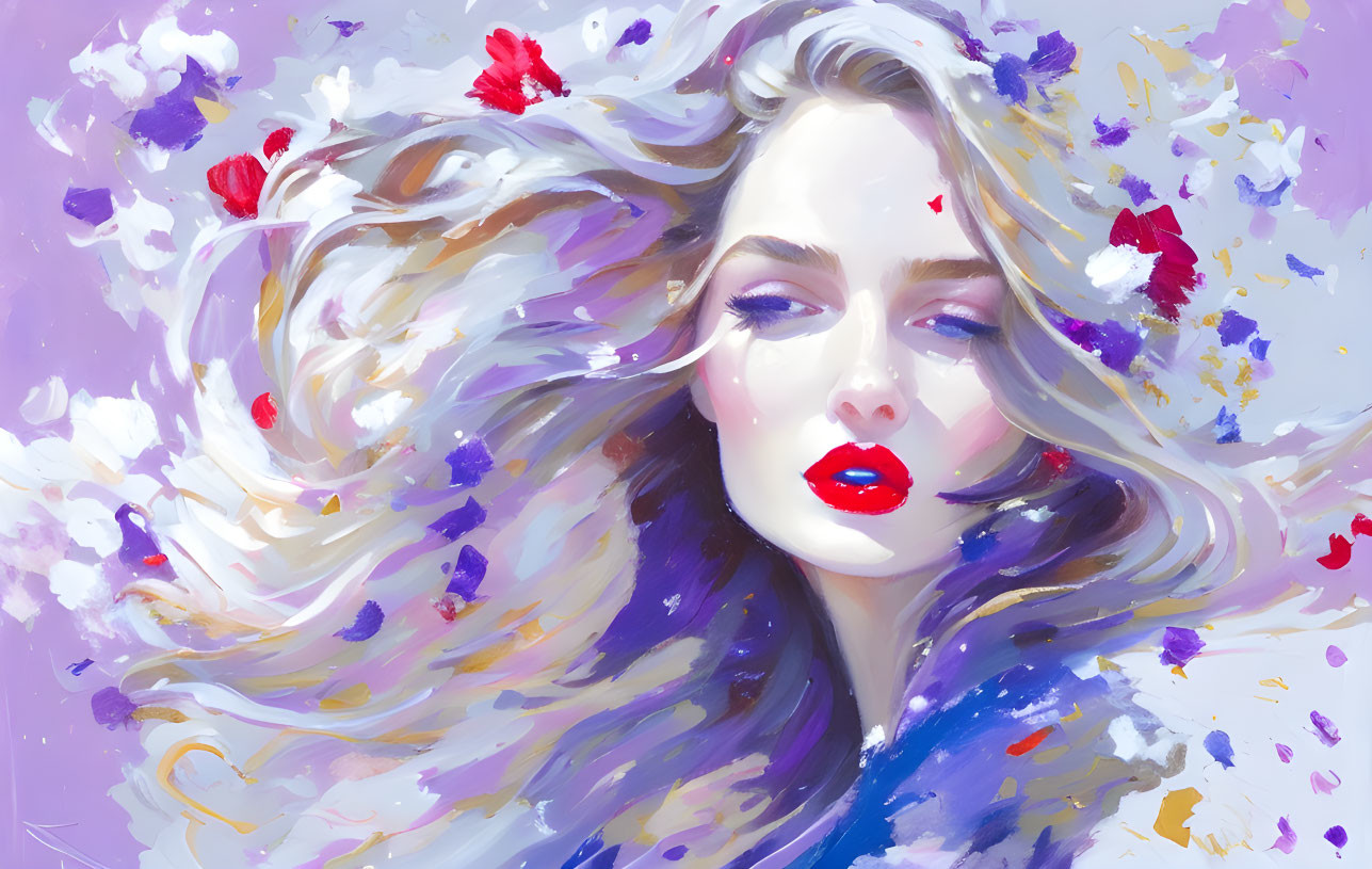 Vibrant portrait of a woman with flowing hair and red lips