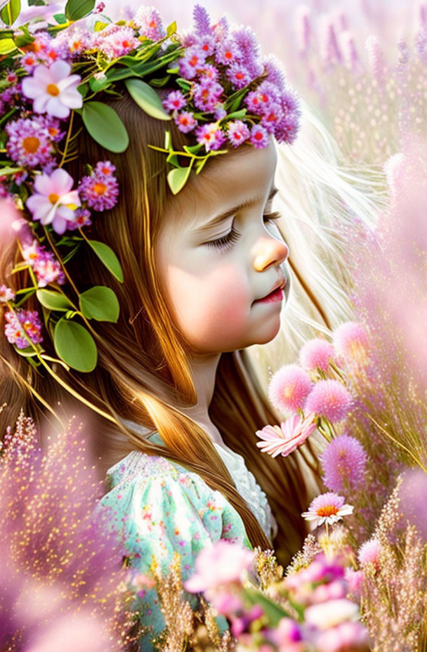 Young girl with floral wreath surrounded by pink flowers in serene setting