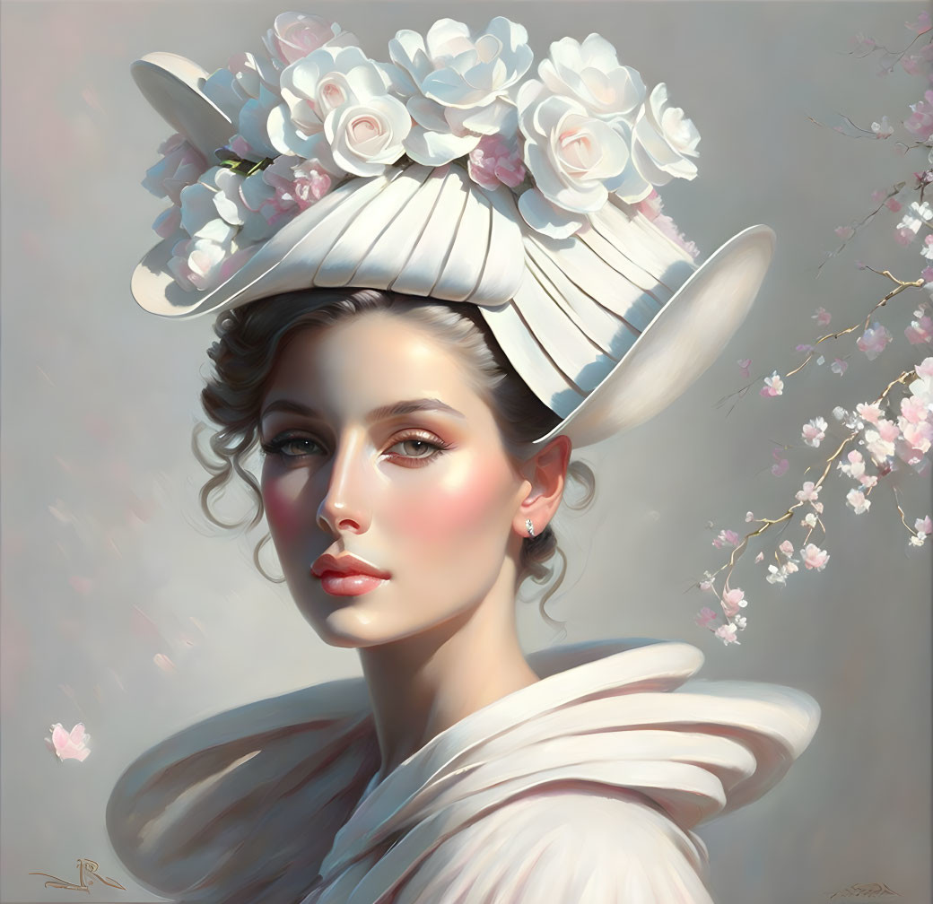 Portrait of woman with elegant makeup in white hat with roses, under blossoming branch