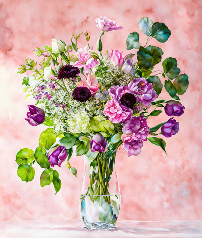 Colorful Flower Bouquet in Clear Vase on Soft Pink Background