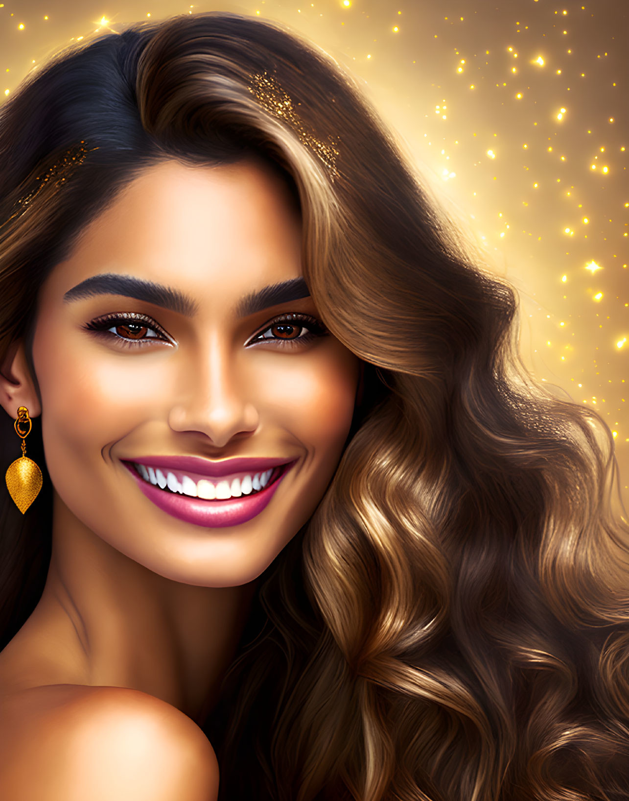 Smiling woman with long wavy hair and gold makeup on golden background