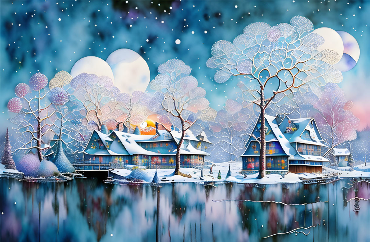 Joyful house with snow  at the lake