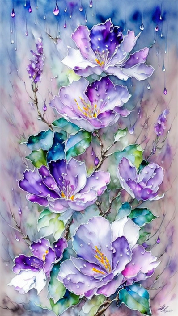 Vibrant purple flowers with yellow centers in watercolor art