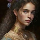 Detailed digital painting of woman with ornate floral hair and gold embroidery.