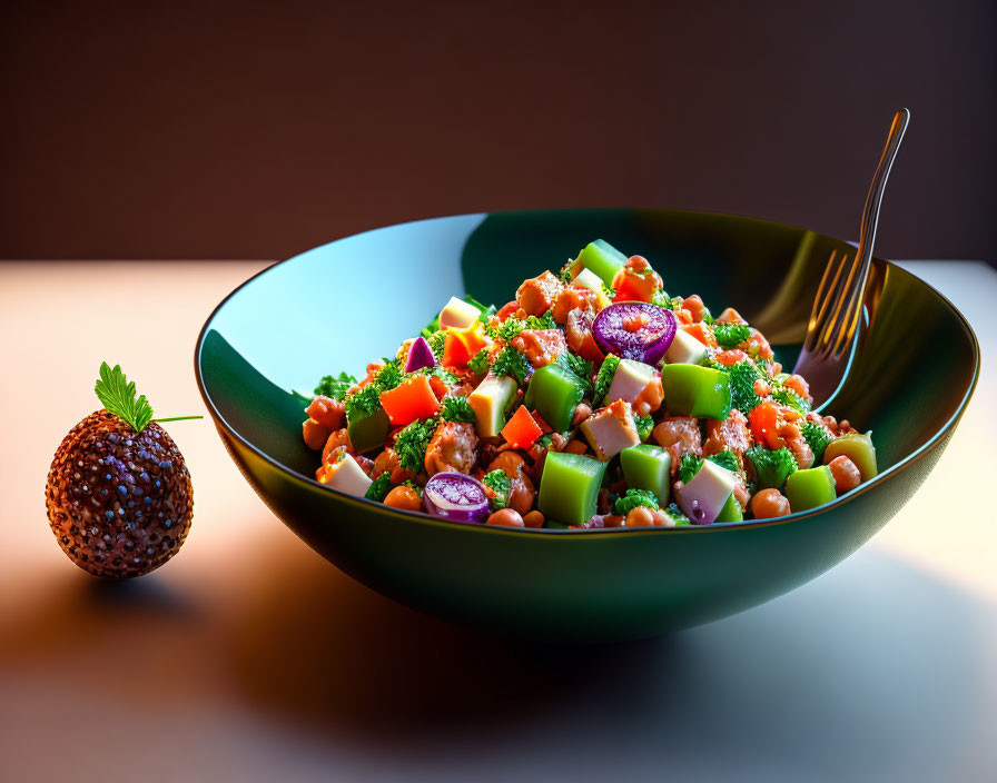 Colorful Chickpea Salad with Vegetables and Herbs in Green Bowl
