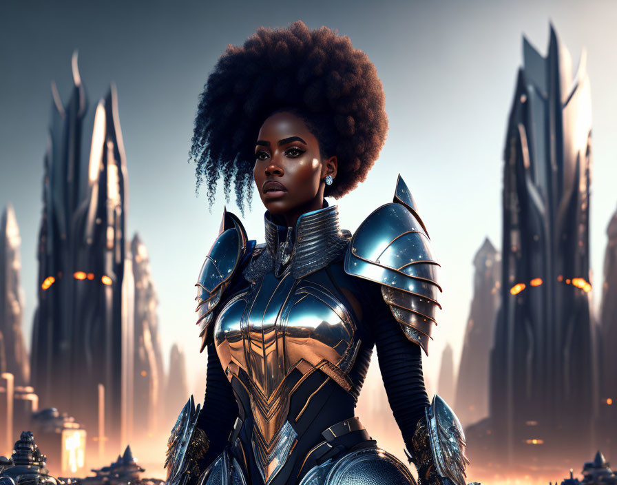 Futuristic armor-clad woman in urban setting under warm sky