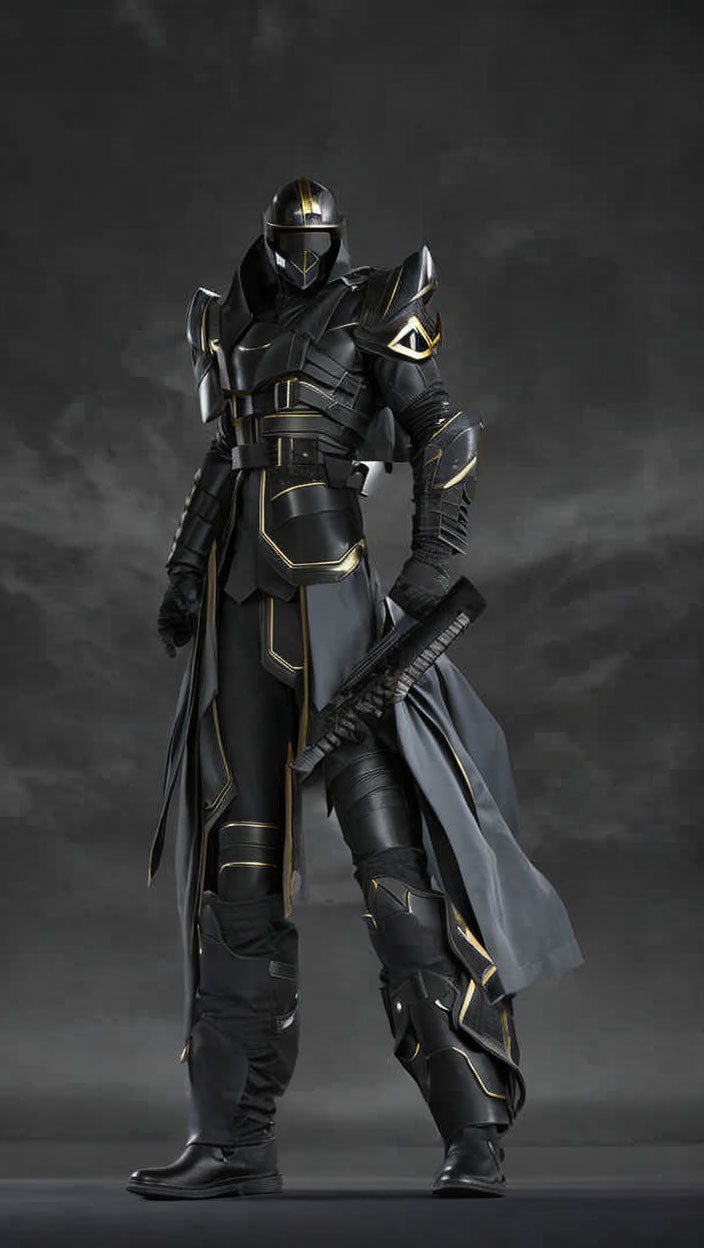 Futuristic warrior in black and gold armor with sword