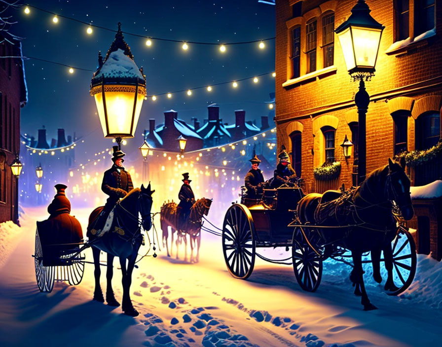 Snow-covered street at night with horse-drawn carriage