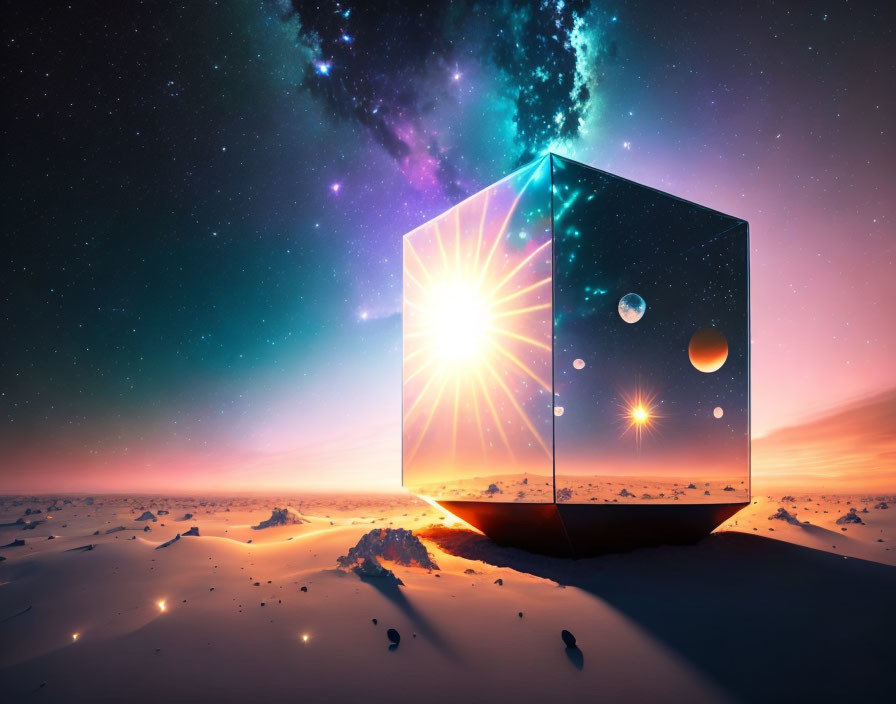 Glass cube reflects cosmic scene in surreal snowy landscape