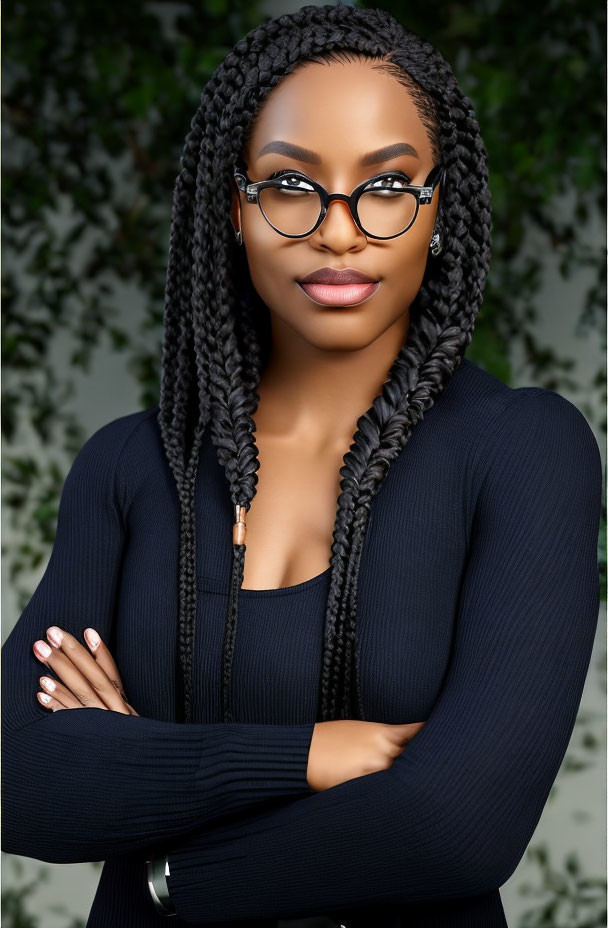 Confident woman with braided hair and glasses in black top against blurred green background