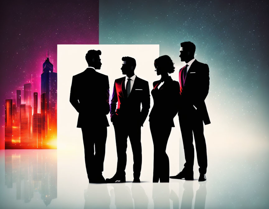 Four Business Professionals Silhouettes on Cosmic Cityscape Background