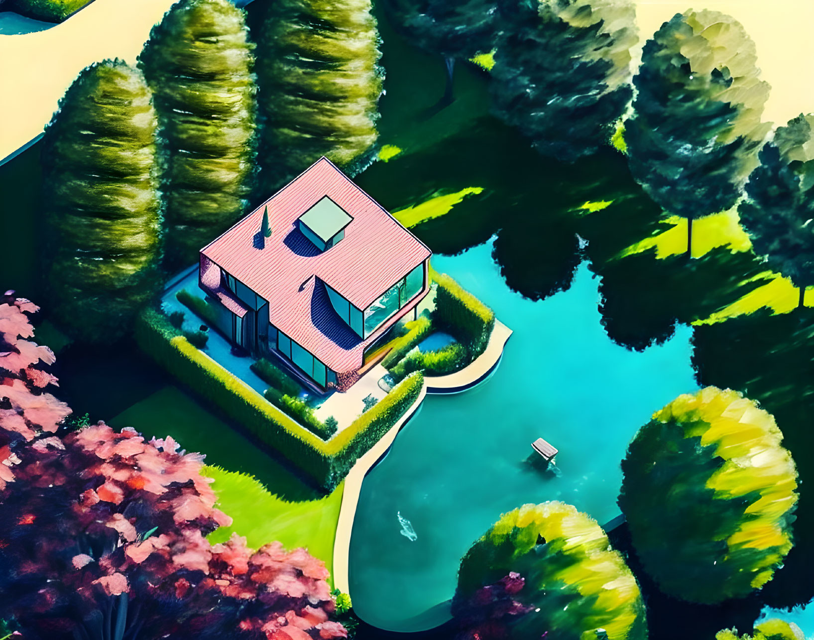Colorful Isometric Illustration of House by Water with Trees and Boat