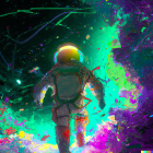 Detailed astronaut in space suit against vibrant cosmic backdrop with stars, nebula, and Earth.