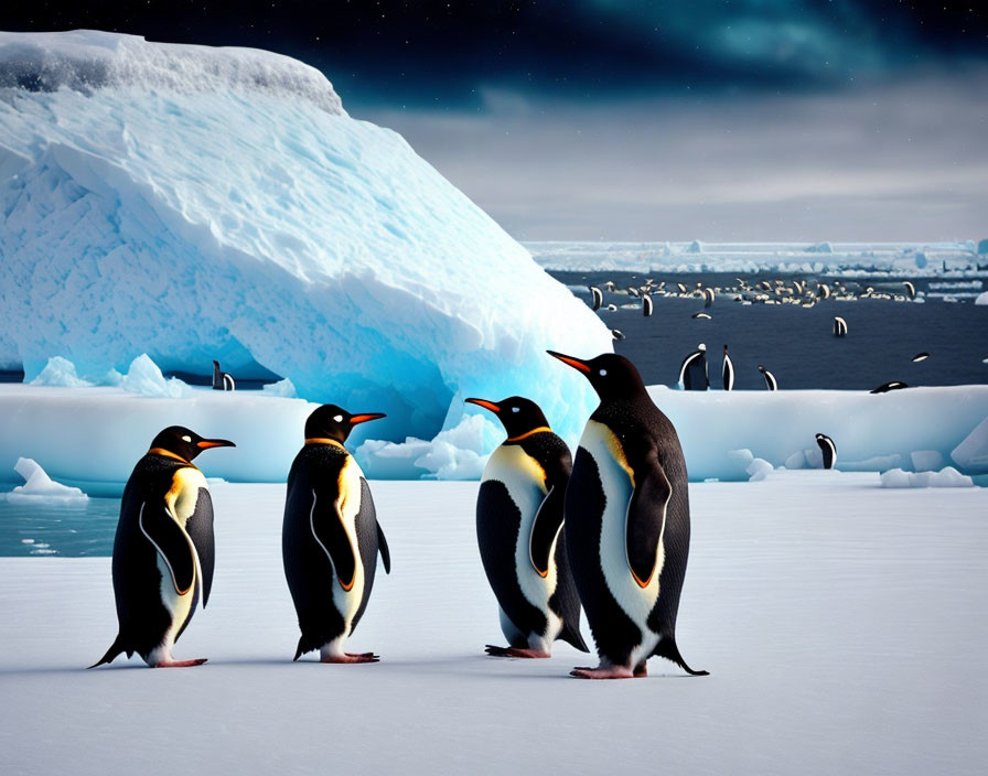 Four penguins on ice with iceberg and cloudy sky