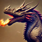 Detailed Dragon Illustration with Scales, Horns, Lightning, and Fire