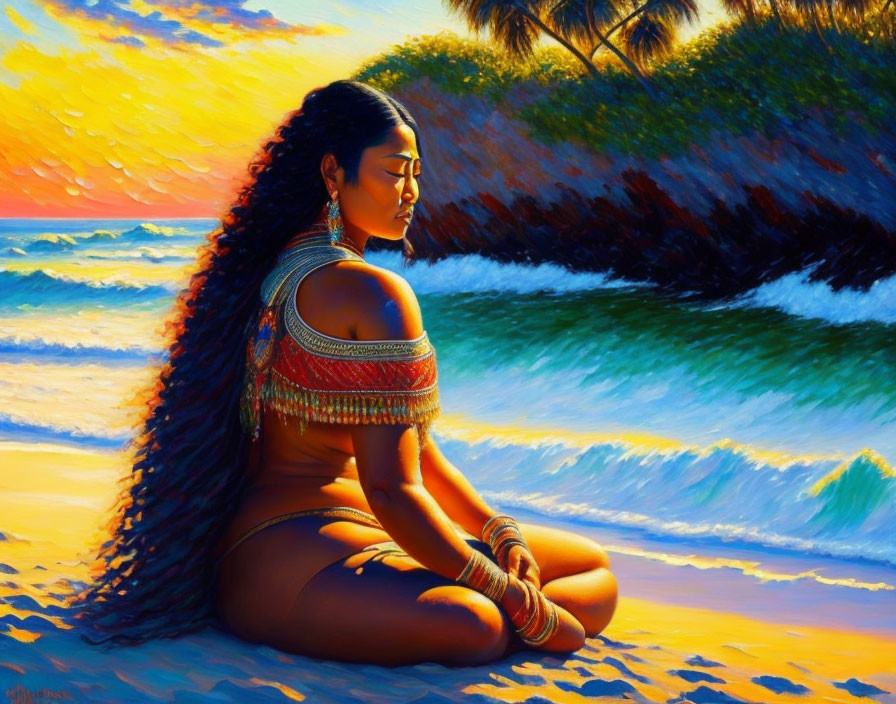 Woman in traditional attire meditates on beach at sunset