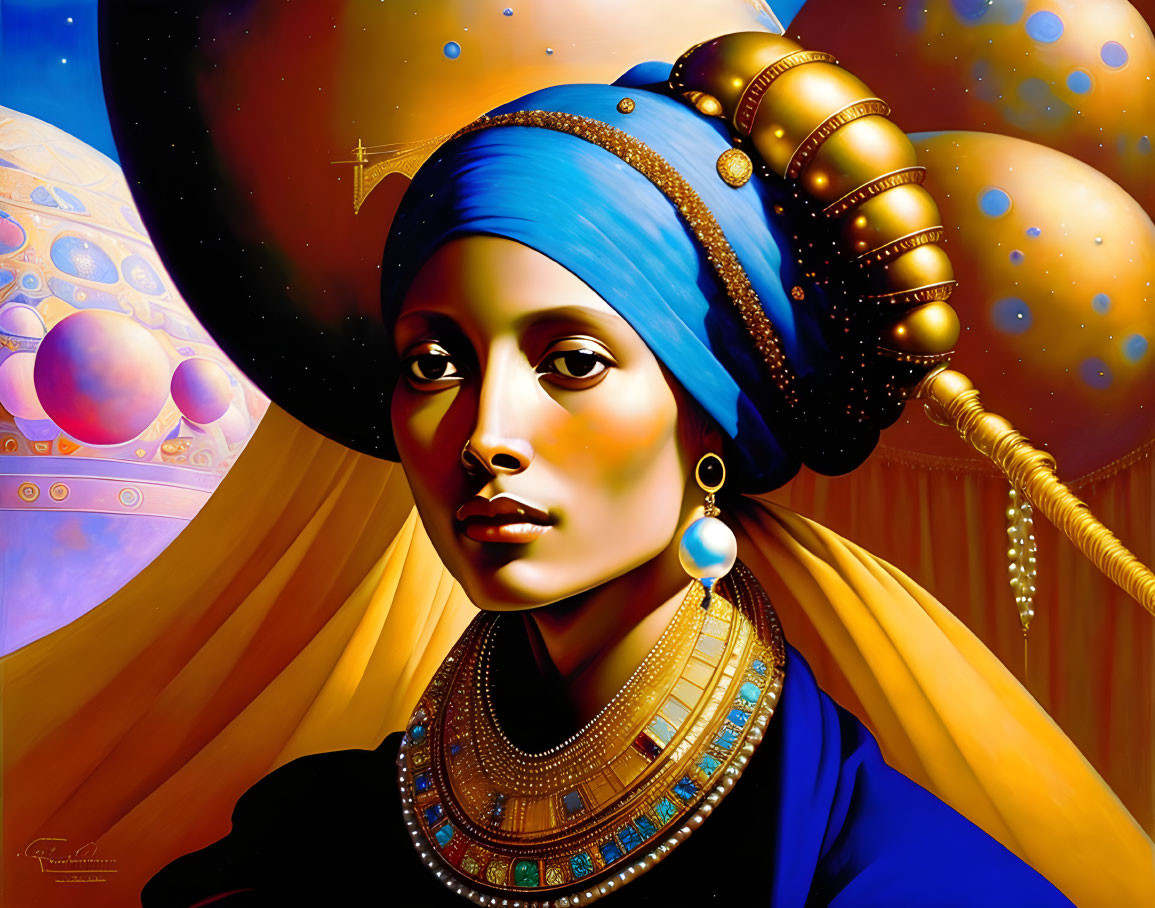 Stylized portrait of woman in blue head wrap with cosmic backdrop