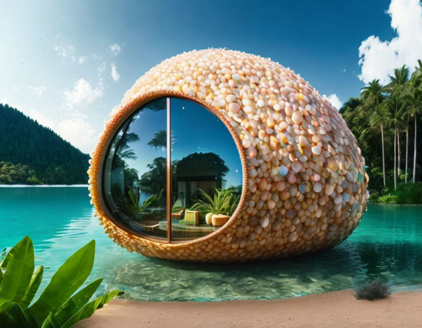Oval-shaped stone structure by tranquil lake and palm trees
