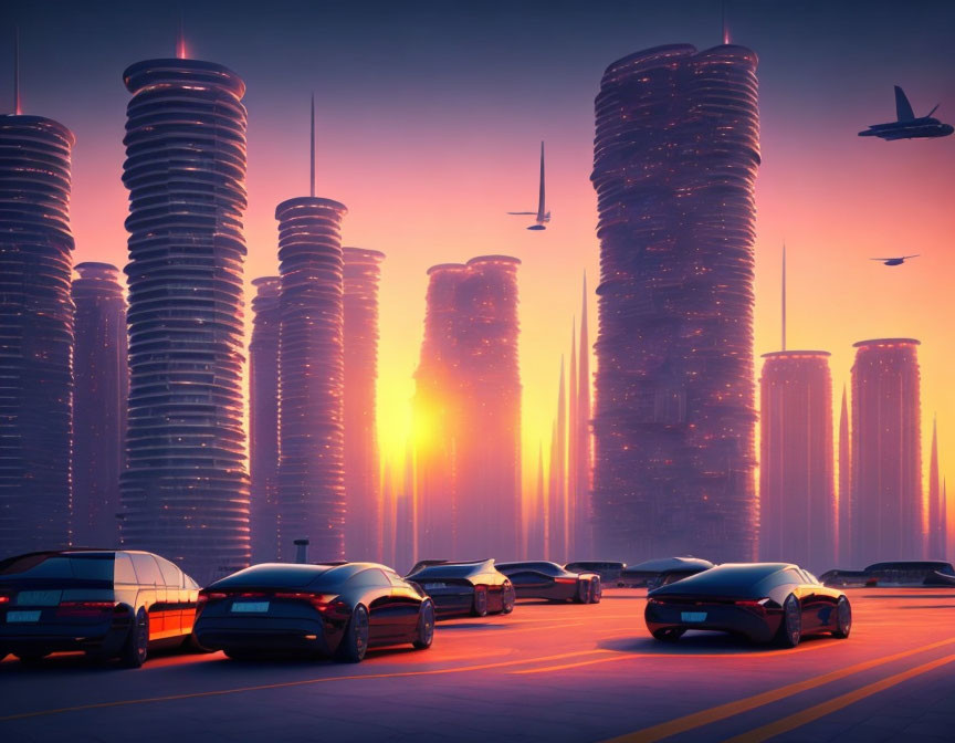 Giant city at sunset