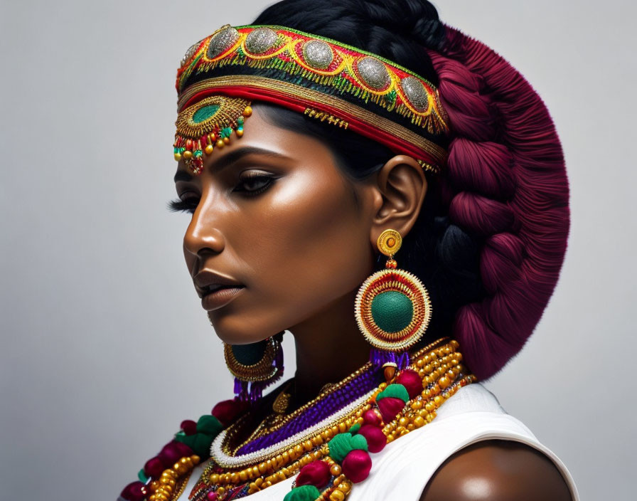 Portrait of a woman with colorful headband and braided hair, adorned with vibrant earrings and necklaces