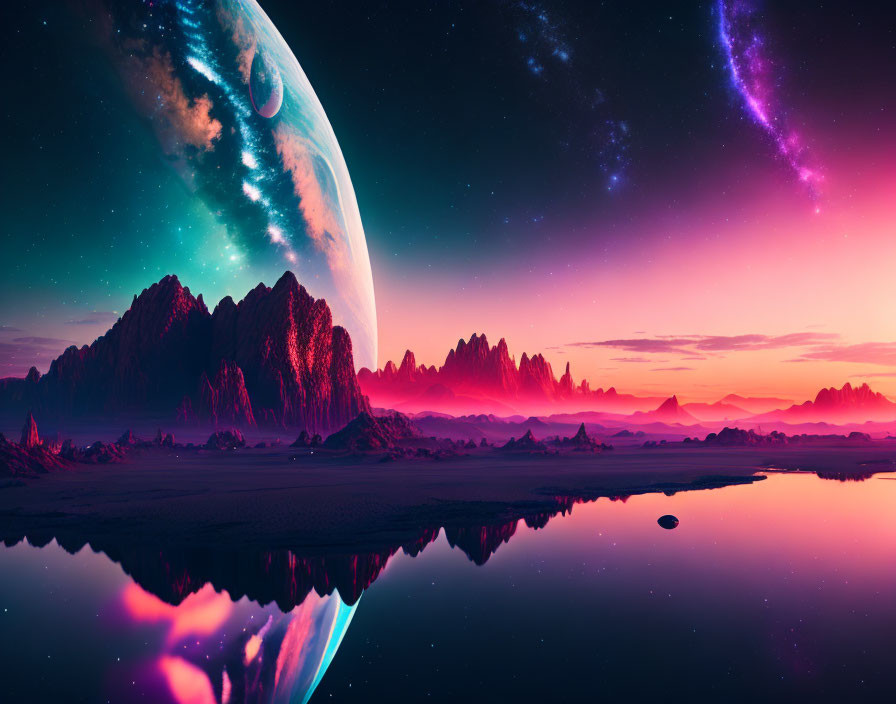 Surreal digital artwork: Planet over mountains, starry night sky