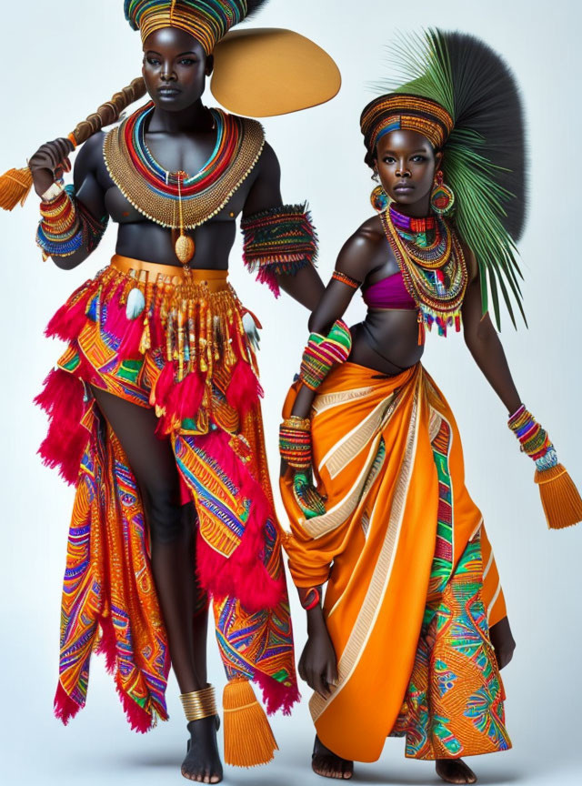 Vibrant traditional African attire with elaborate jewelry and accessories on two individuals