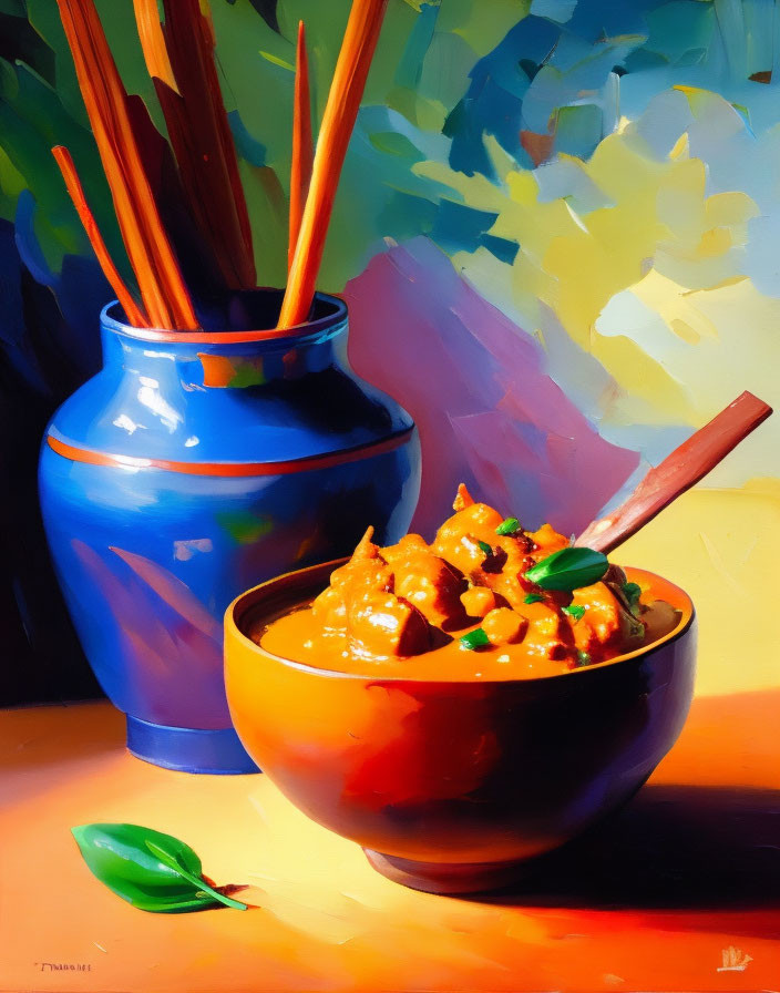 Colorful Still Life Painting with Bowl of Curry, Wooden Spoon, Blue Vase, and Sticks