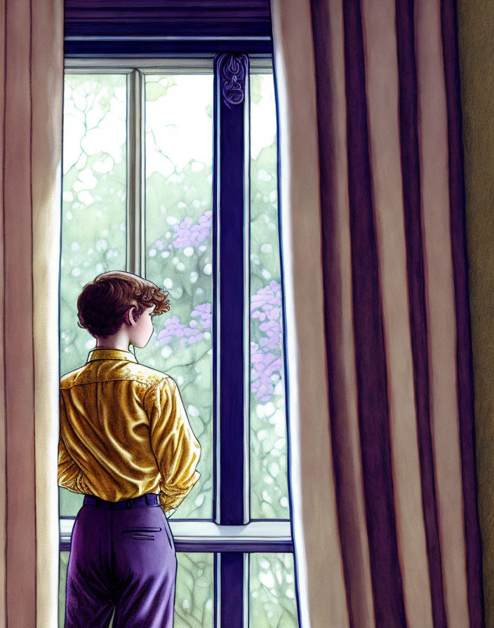 Person in Yellow Shirt and Purple Pants Looking Out Window with Pink Curtains and Blooming Trees