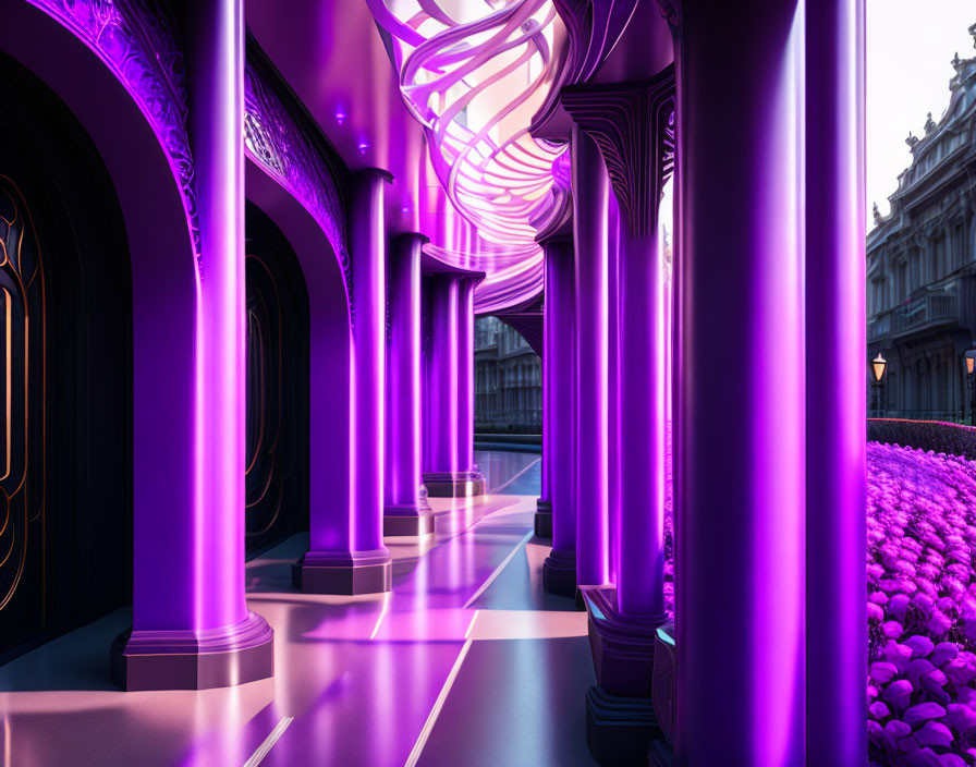 Futuristic corridor with purple lights, columns, patterned floor, leading to spiral structure