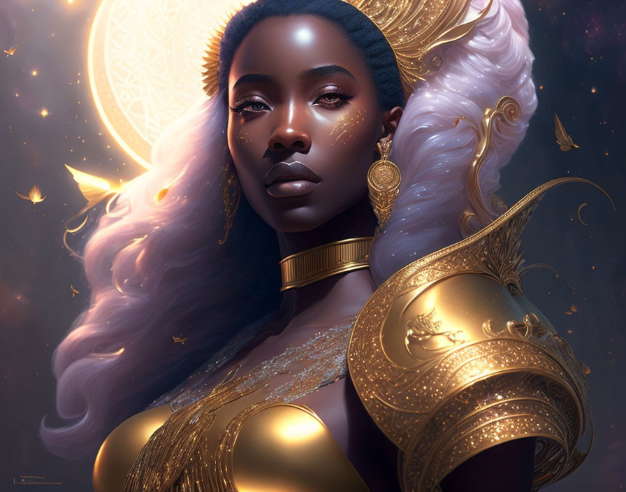 Portrait of woman in gold armor with purple hair and cosmic background.