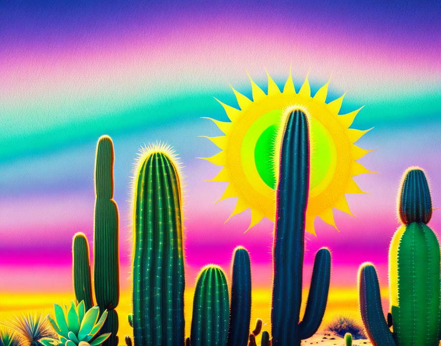 Colorful cactus sunset illustration with gradient skies and stylized sun