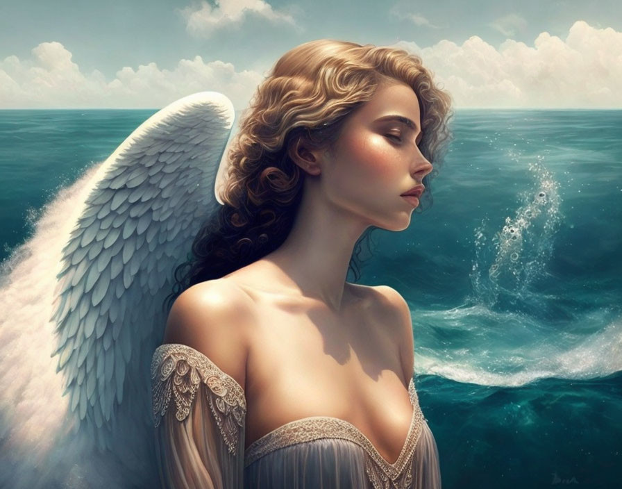 White-winged angel overlooking serene sea in flowing attire.